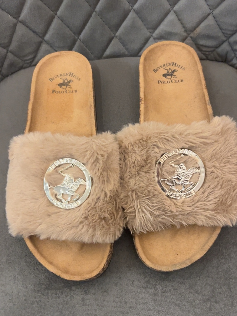Beverly Hills Polo Club Women's Tan Faux Fur Slide Sandals with Silver Logo